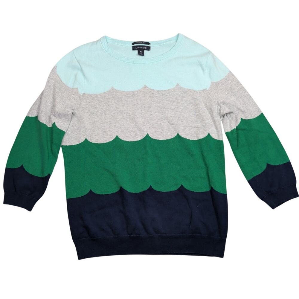 Lands' End Supima Cotton Sweater Color-Block Scallop Cloud Blue Green White Med.